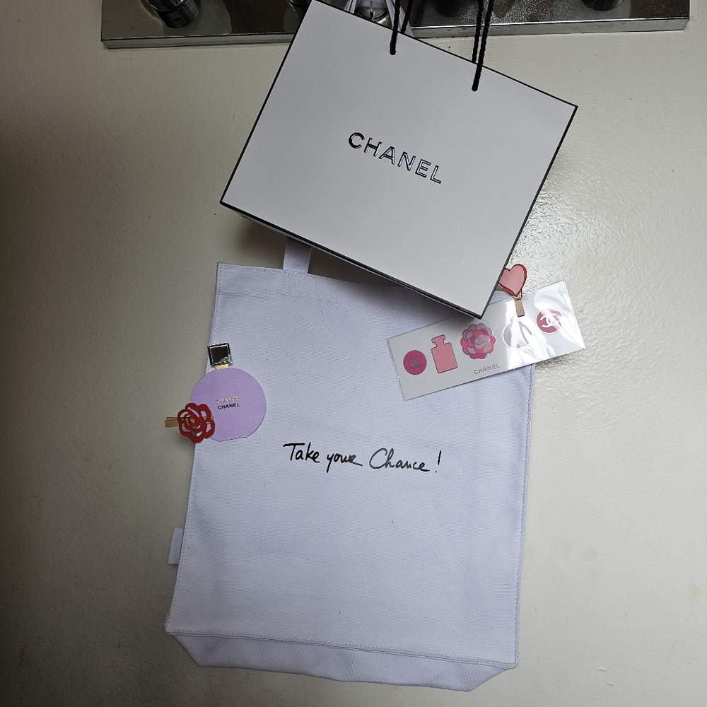 Authentic Chanel Chance Fragrance White Canvas Bag